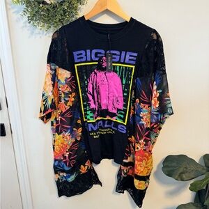 Reworked Graphic Biggie Smalls Tee with Floral Sleeves and Lace Detail